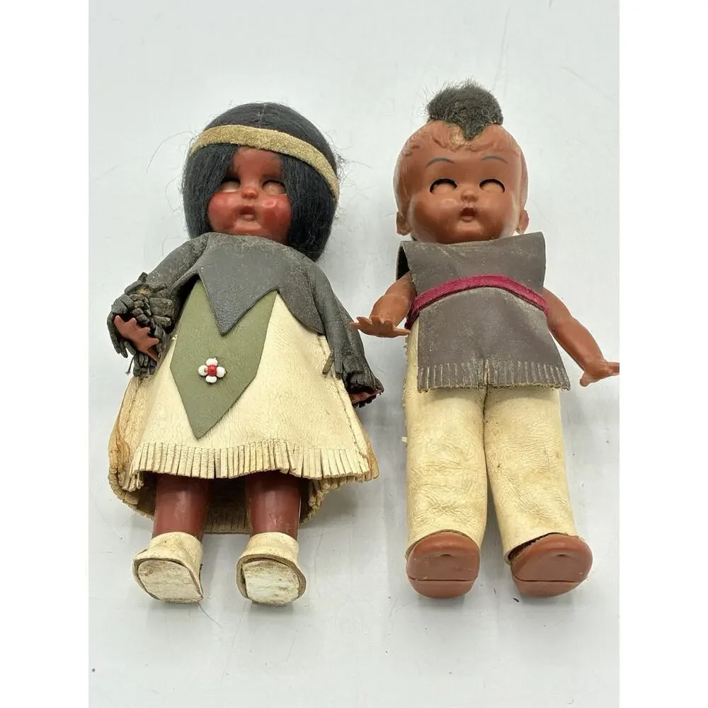 Vintage Souvenir Dolls Pair Leather Outfits Sleep Eyes Rattle Sound